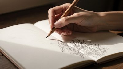 Женская рука с открытым дневником у окна на закате, рядом стакан воды и веточка лаванды