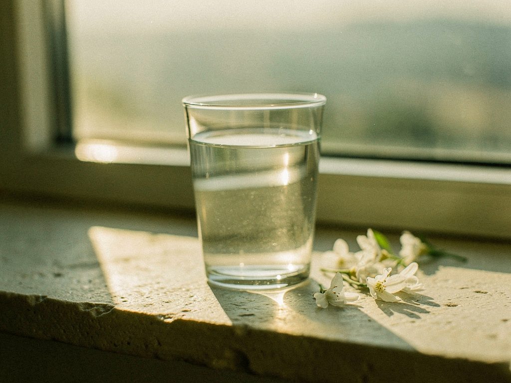 Прозрачный стакан воды на светлом подоконнике, гладь воды отражает летнее небо в мягком вечернем свете