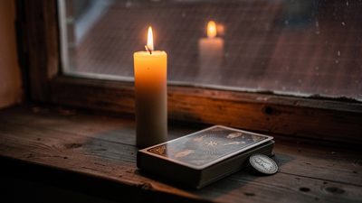 Женщина у окна на закате со свечой, на столе колода Таро и весенняя зелень в вазе