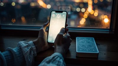 Женщина смотрит в экран телефона у окна берлинской квартиры вечером, рядом колода таро на подоконнике.